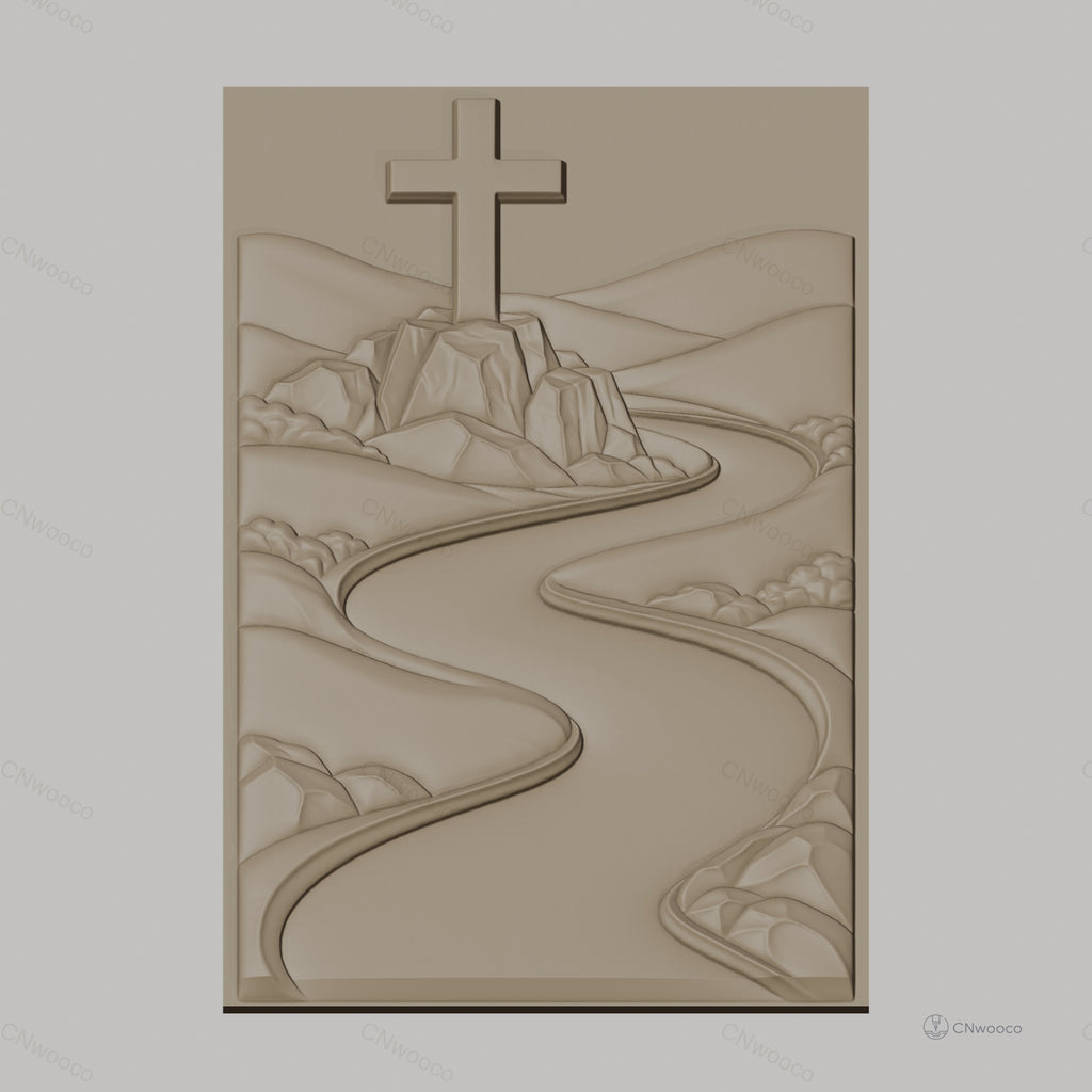 Fichier CNC & impression 3D chemin de rivière et croix sur rocher, paysage montagneux, haute qualité relief STL