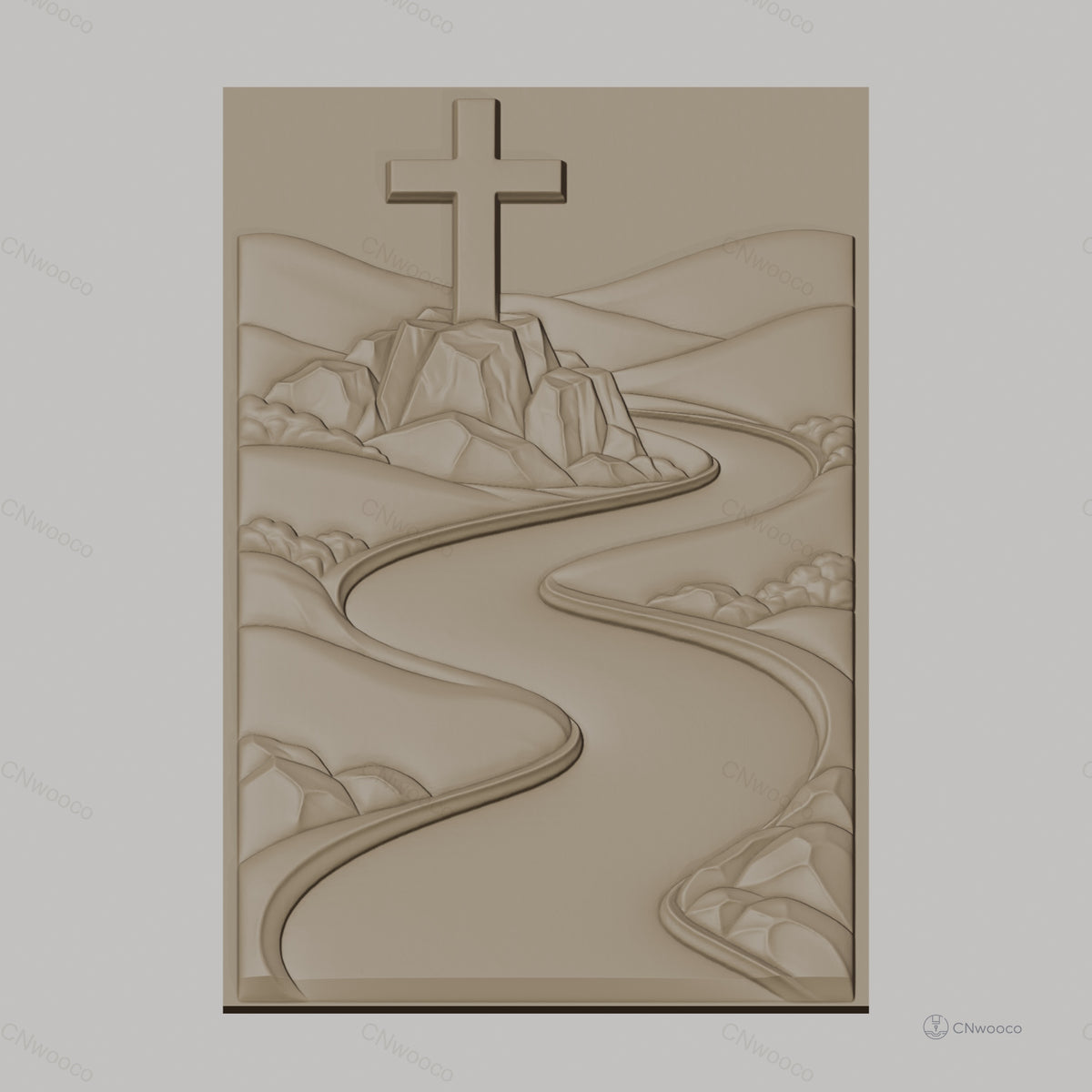 Fichier CNC & impression 3D chemin de rivière et croix sur rocher, paysage montagneux, haute qualité relief STL