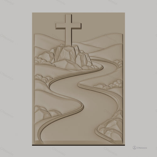 Fichier CNC & impression 3D chemin de rivière et croix sur rocher, paysage montagneux, haute qualité relief STL