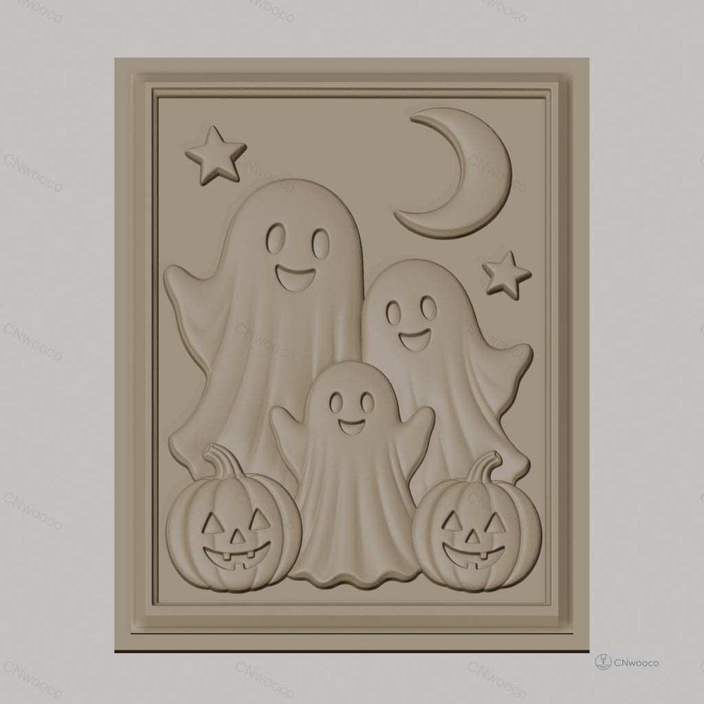 Fichier CNC & impression 3D thème Halloween, fantômes, citrouilles, lune et étoiles, haute qualité relief STL