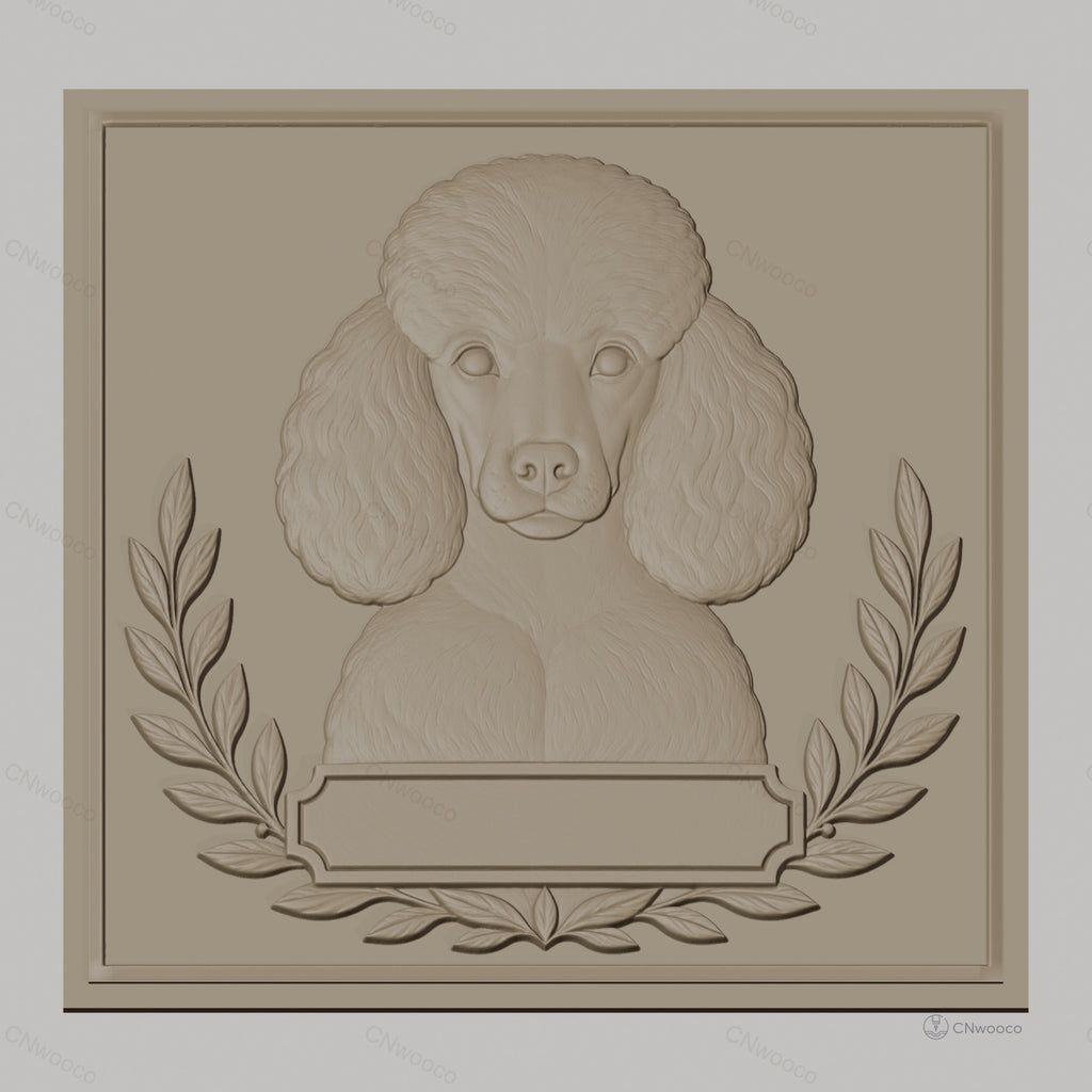 Fichier CNC & impression 3D chien caniche avec feuilles décoratives, haute qualité relief STL