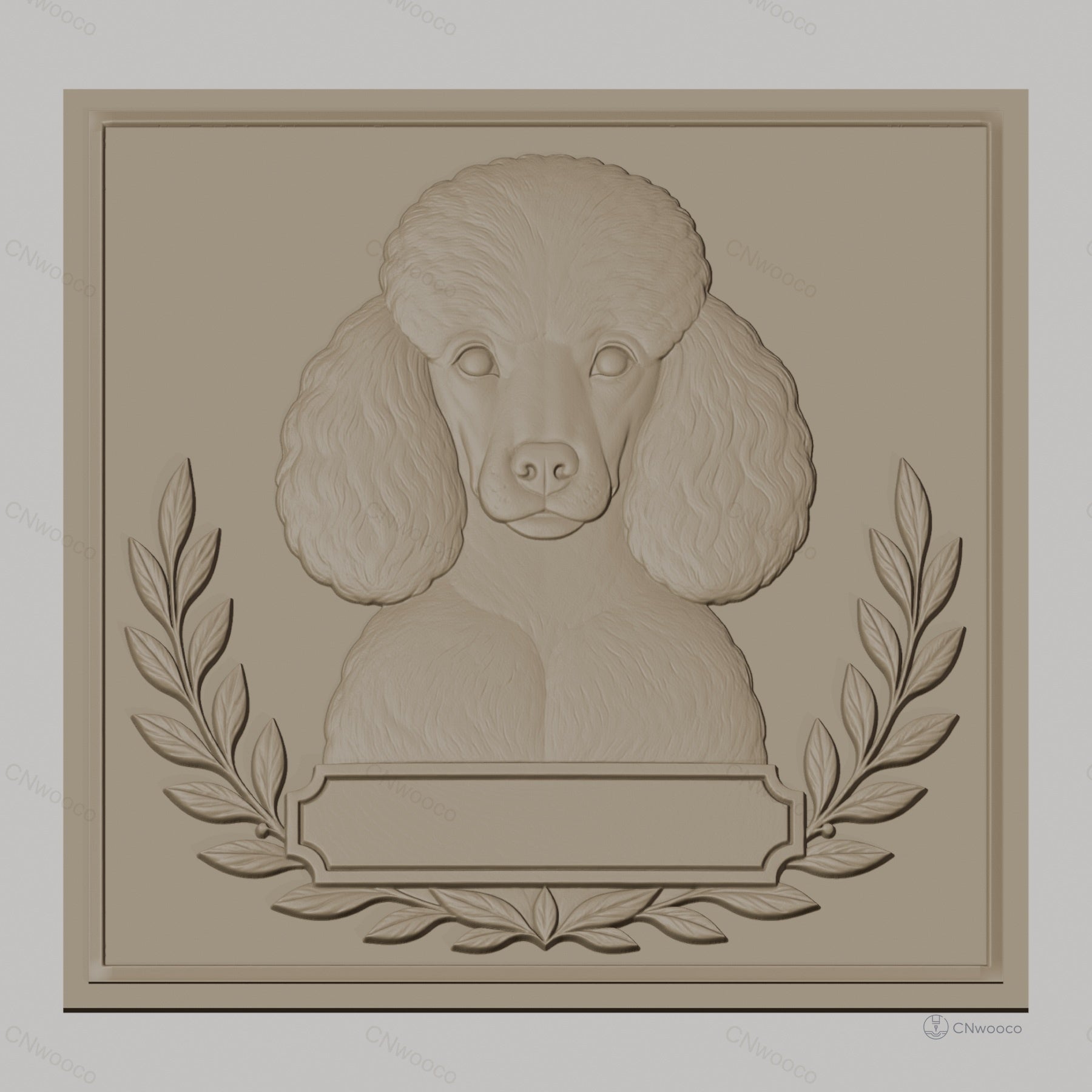 Fichier CNC & impression 3D chien caniche avec feuilles décoratives, haute qualité relief STL
