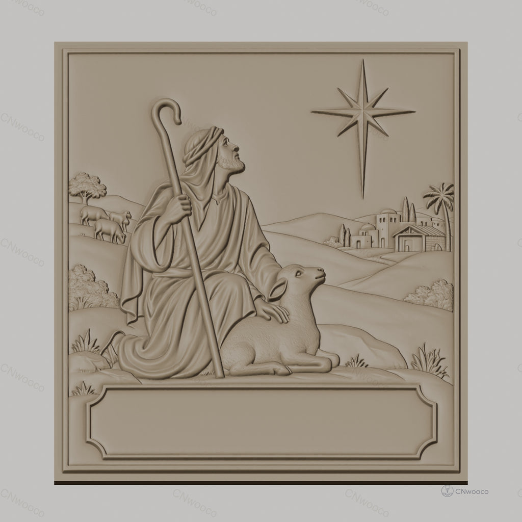Fichier CNC & impression 3D berger avec agneau et étoile de Bethléem, paysage biblique, haute qualité relief STL
