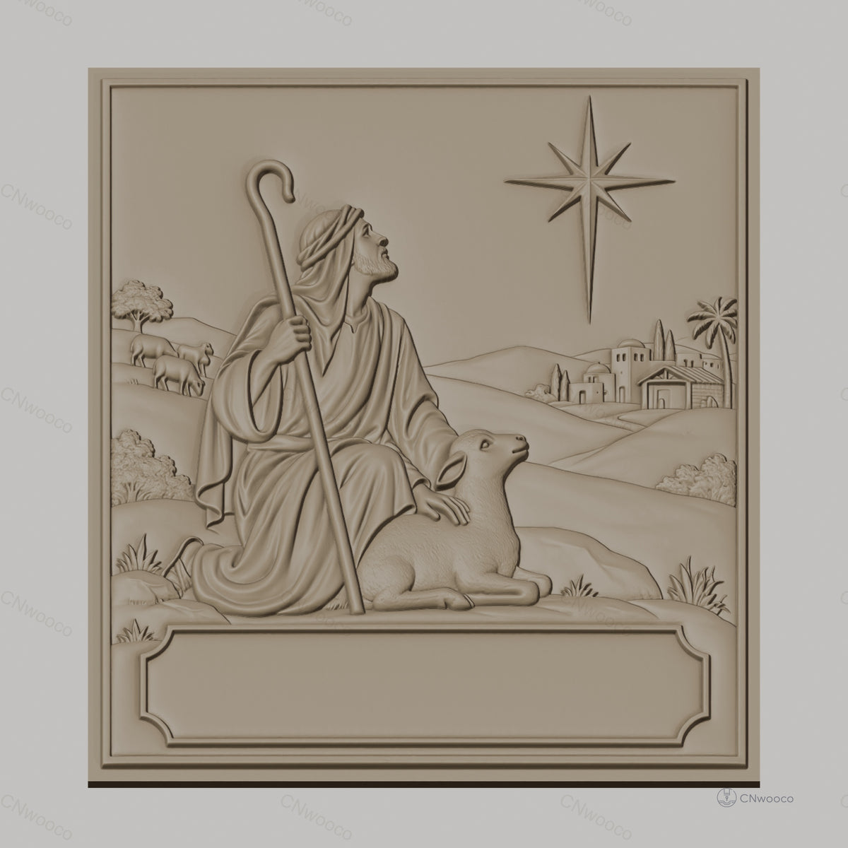 Fichier CNC & impression 3D berger avec agneau et étoile de Bethléem, paysage biblique, haute qualité relief STL