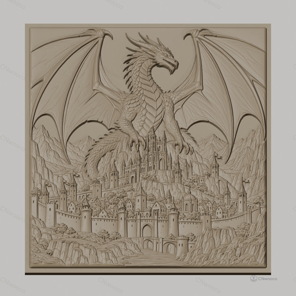 Fichier CNC & impression 3D dragon légendaire et château médiéval, haute qualité relief STL