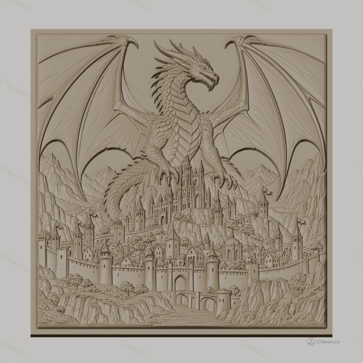 Fichier CNC & impression 3D dragon légendaire et château médiéval, haute qualité relief STL
