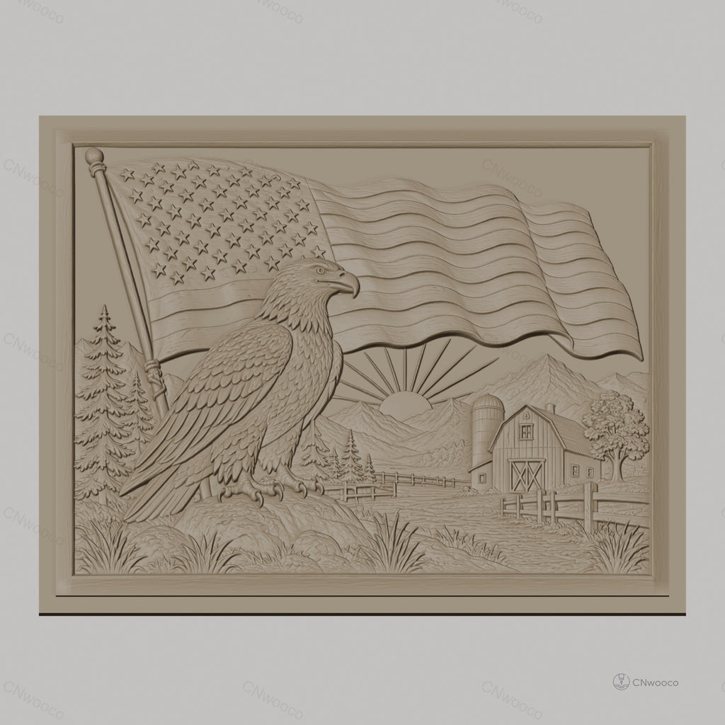 Fichier CNC & impression 3D aigle américain, drapeau USA, ferme et montagne, haute qualité relief STL