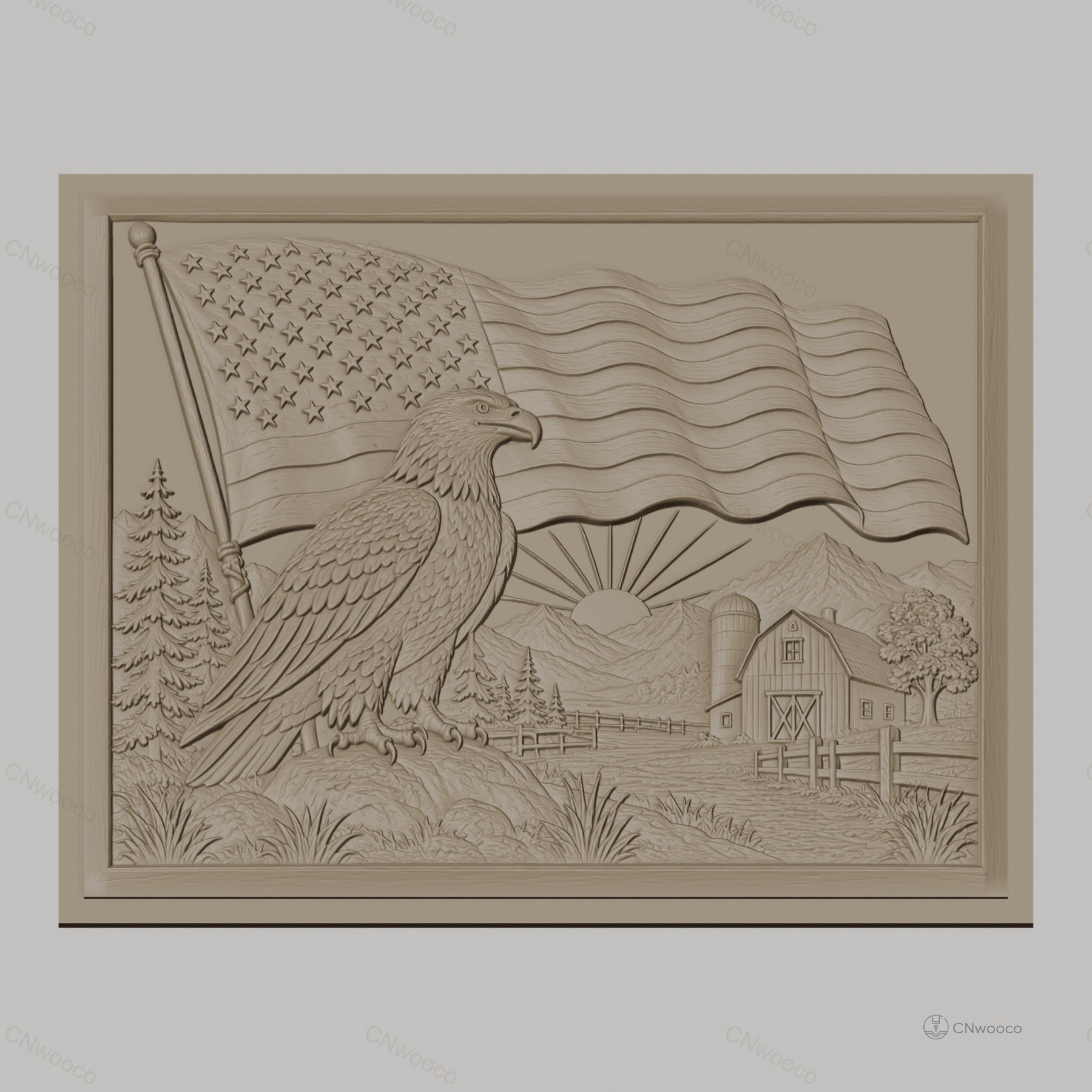 Fichier CNC & impression 3D aigle américain, drapeau USA, ferme et montagne, haute qualité relief STL