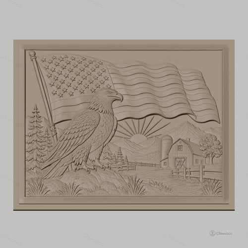 Fichier CNC & impression 3D aigle américain, drapeau USA, ferme et montagne, haute qualité relief STL