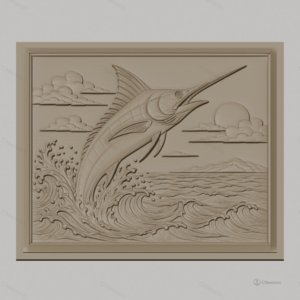 Fichier CNC & impression 3D poisson espadon sautant, vagues océan et ciel nuageux, haute qualité relief STL