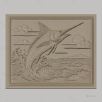 Fichier CNC & impression 3D poisson espadon sautant, vagues océan et ciel nuageux, haute qualité relief STL