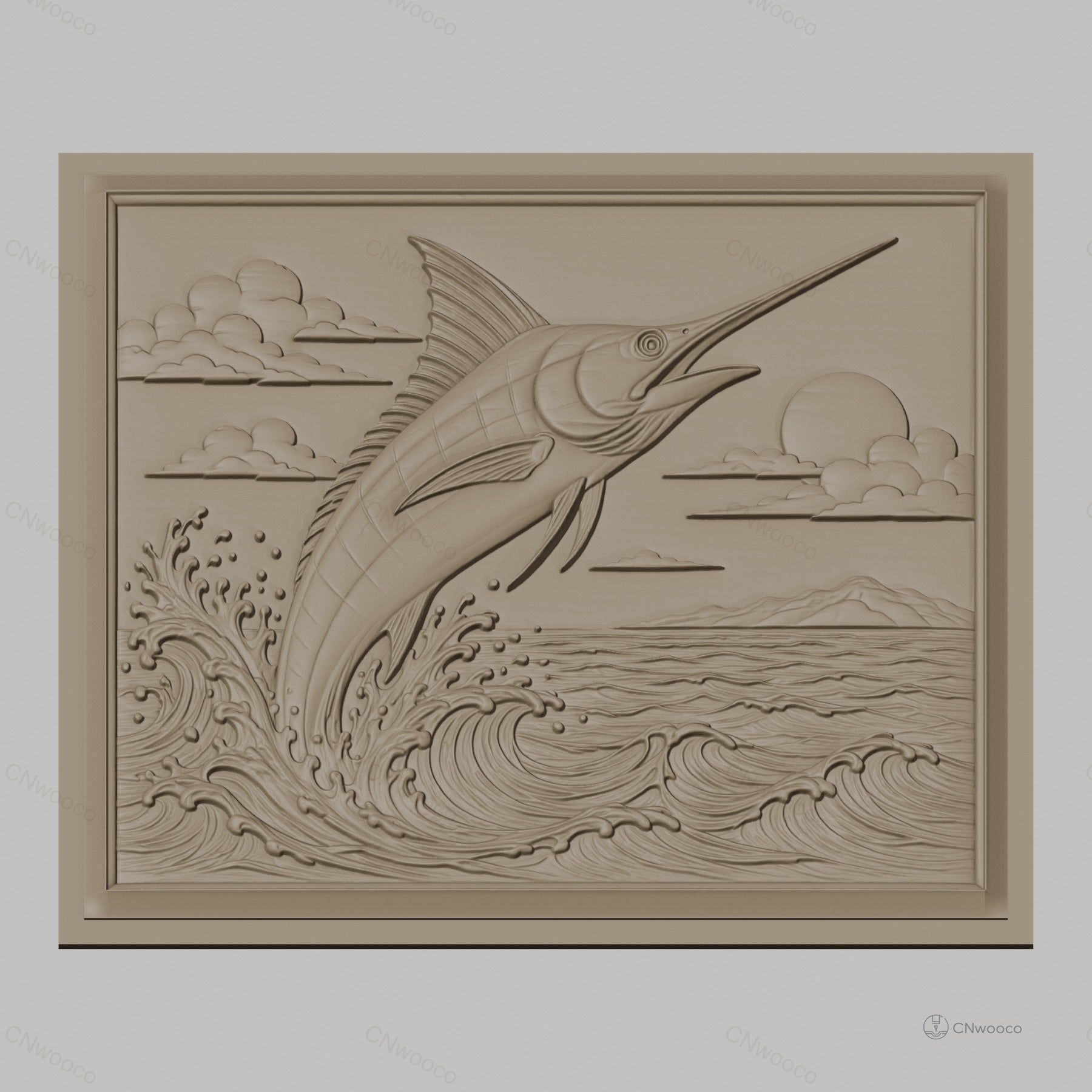 Fichier CNC & impression 3D poisson espadon sautant, vagues océan et ciel nuageux, haute qualité relief STL