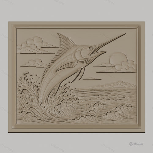 Fichier CNC & impression 3D poisson espadon sautant, vagues océan et ciel nuageux, haute qualité relief STL