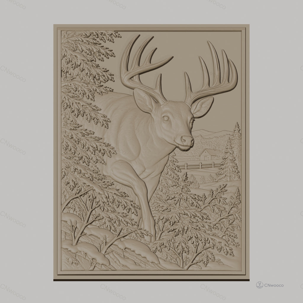 Fichier CNC & impression 3D cerf majestueux avec paysage naturel, forêt et montagne relief, haute qualité relief STL