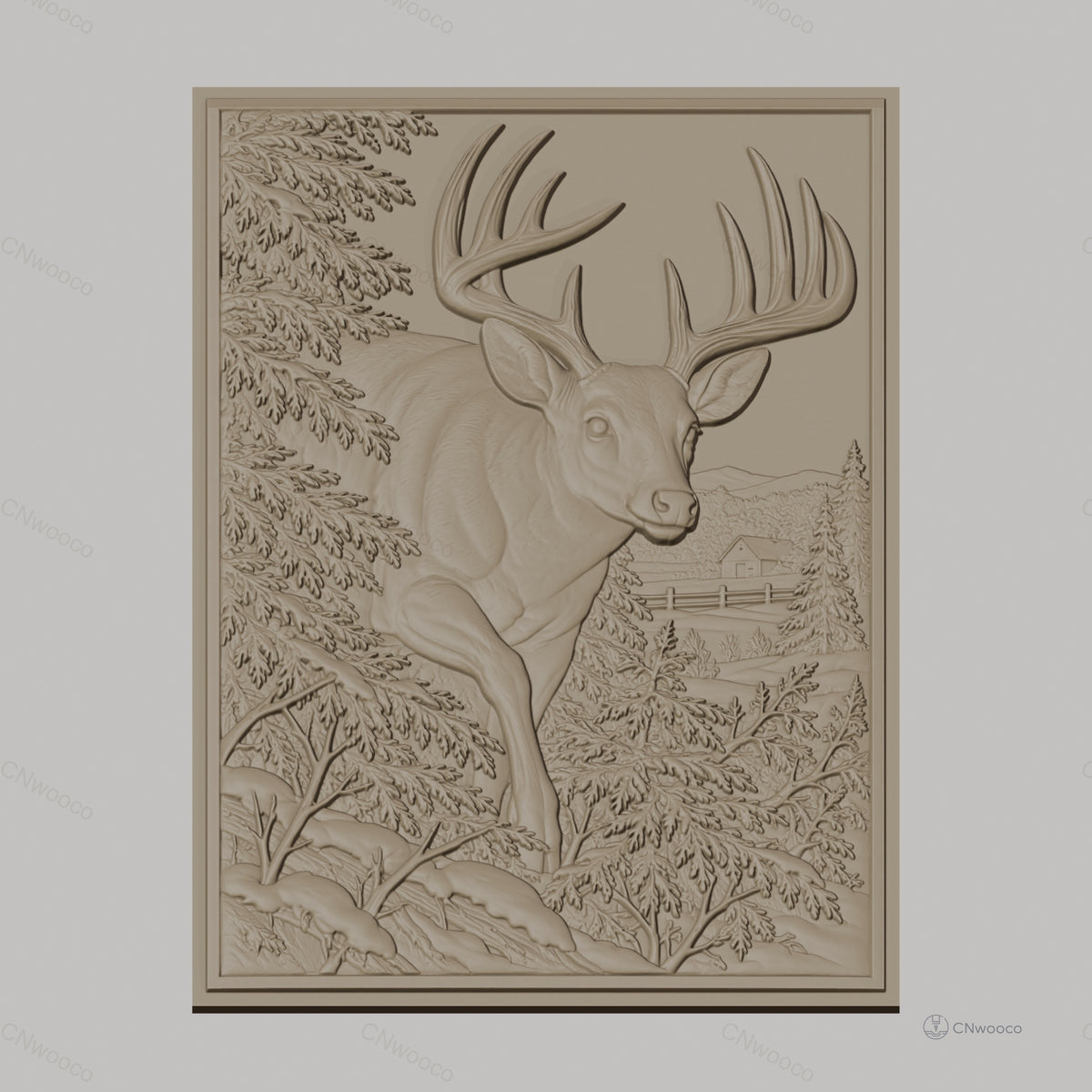 Fichier CNC & impression 3D cerf majestueux avec paysage naturel, forêt et montagne relief, haute qualité relief STL