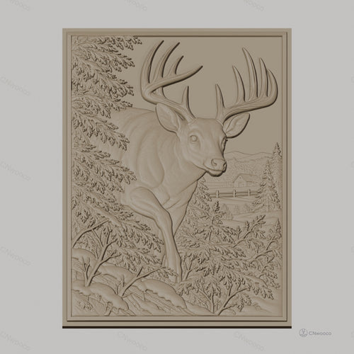 Fichier CNC & impression 3D cerf majestueux avec paysage naturel, forêt et montagne relief, haute qualité relief STL