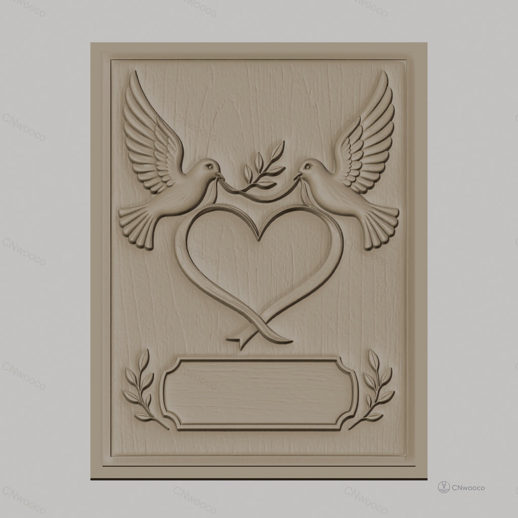 Fichier CNC & impression 3D couple de colombes, coeur et feuilles, haute qualité relief STL