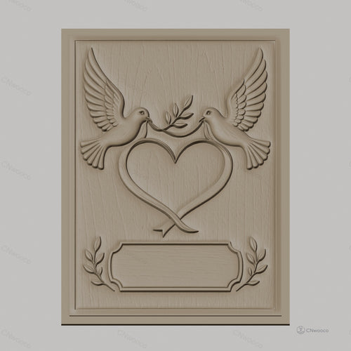 Fichier CNC & impression 3D couple de colombes, coeur et feuilles, haute qualité relief STL