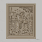 Fichier CNC & impression 3D scène biblique le fils prodigue embrassé, maison et arbre arrière-plan, haute qualité relief STL