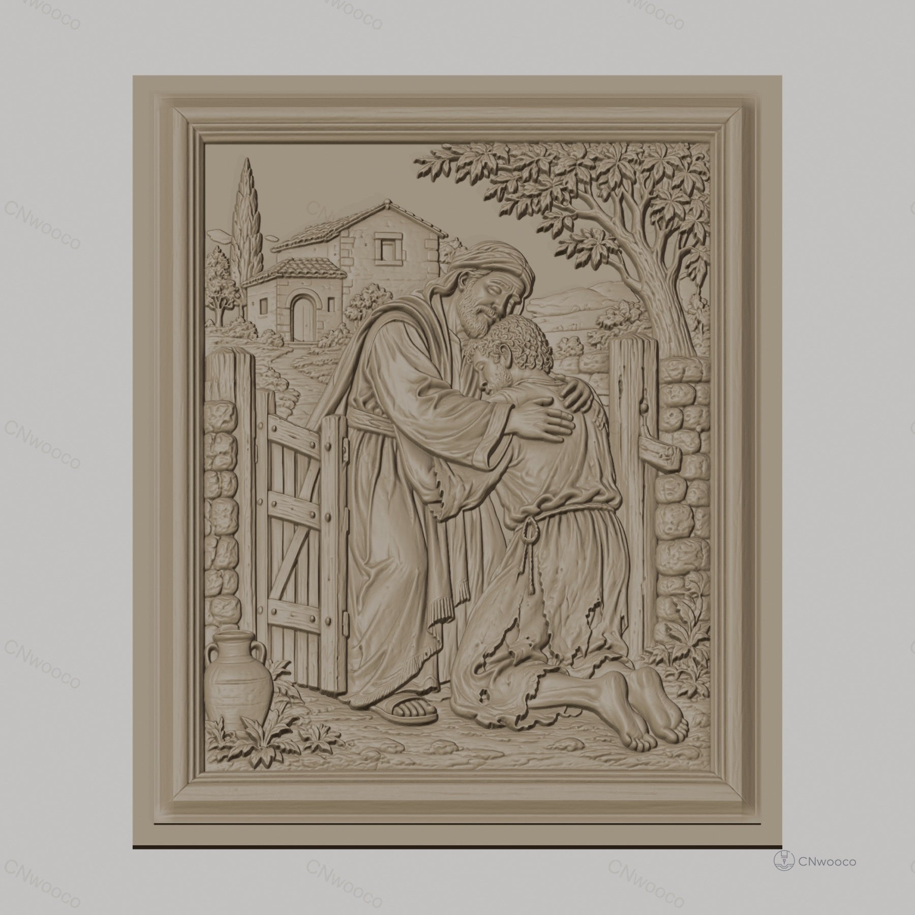 Fichier CNC & impression 3D scène biblique le fils prodigue embrassé, maison et arbre arrière-plan, haute qualité relief STL