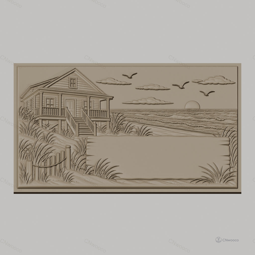 Fichier CNC & impression 3D maison en bord de mer, plage, coucher de soleil et oiseaux, haute qualité relief STL