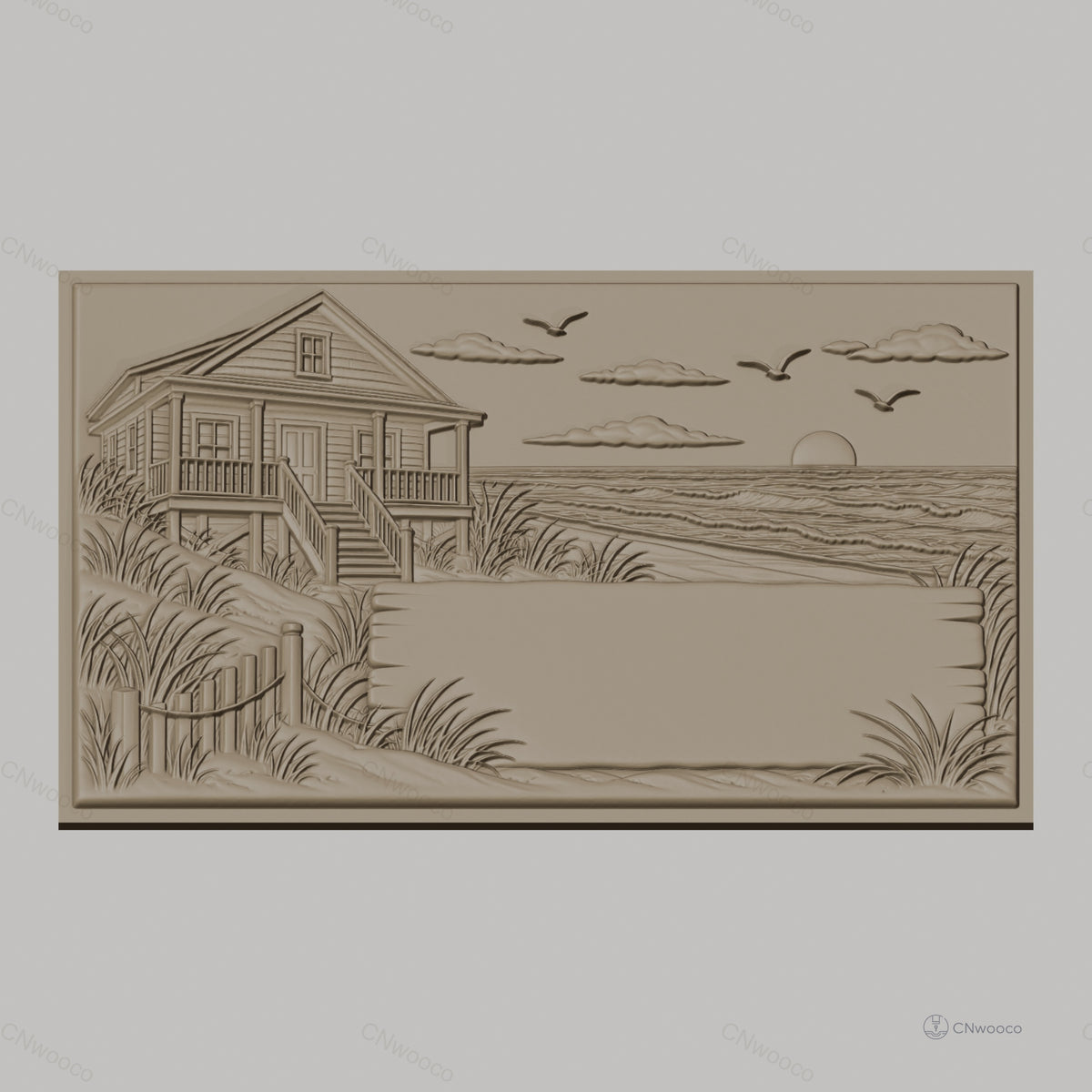 Fichier CNC & impression 3D maison en bord de mer, plage, coucher de soleil et oiseaux, haute qualité relief STL