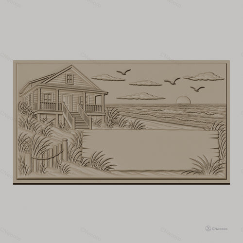 Fichier CNC & impression 3D maison en bord de mer, plage, coucher de soleil et oiseaux, haute qualité relief STL
