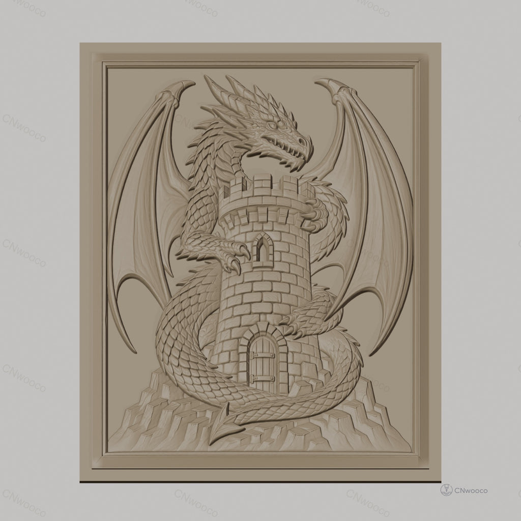 Fichier CNC & impression 3D dragon médiéval avec tour en pierre, haute qualité relief STL