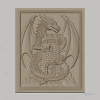 Fichier CNC & impression 3D dragon médiéval avec tour en pierre, haute qualité relief STL