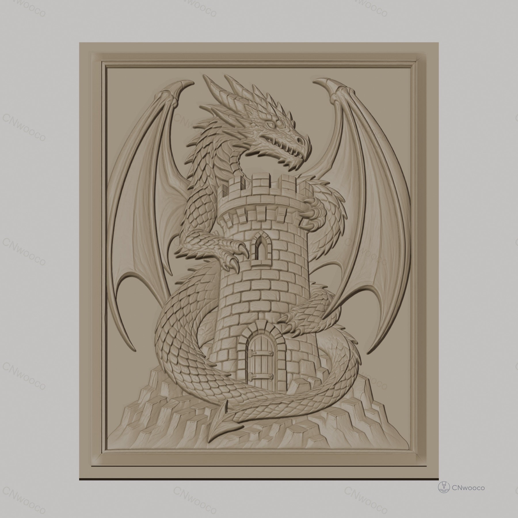 Fichier CNC & impression 3D dragon médiéval avec tour en pierre, haute qualité relief STL