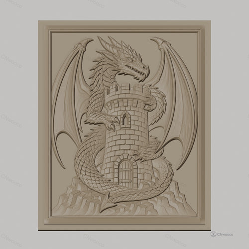 Fichier CNC & impression 3D dragon médiéval avec tour en pierre, haute qualité relief STL