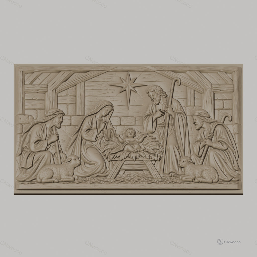 Fichier CNC & impression 3D scène de la crèche, Marie Joseph bébé Jésus étoile et moutons, haute qualité relief STL