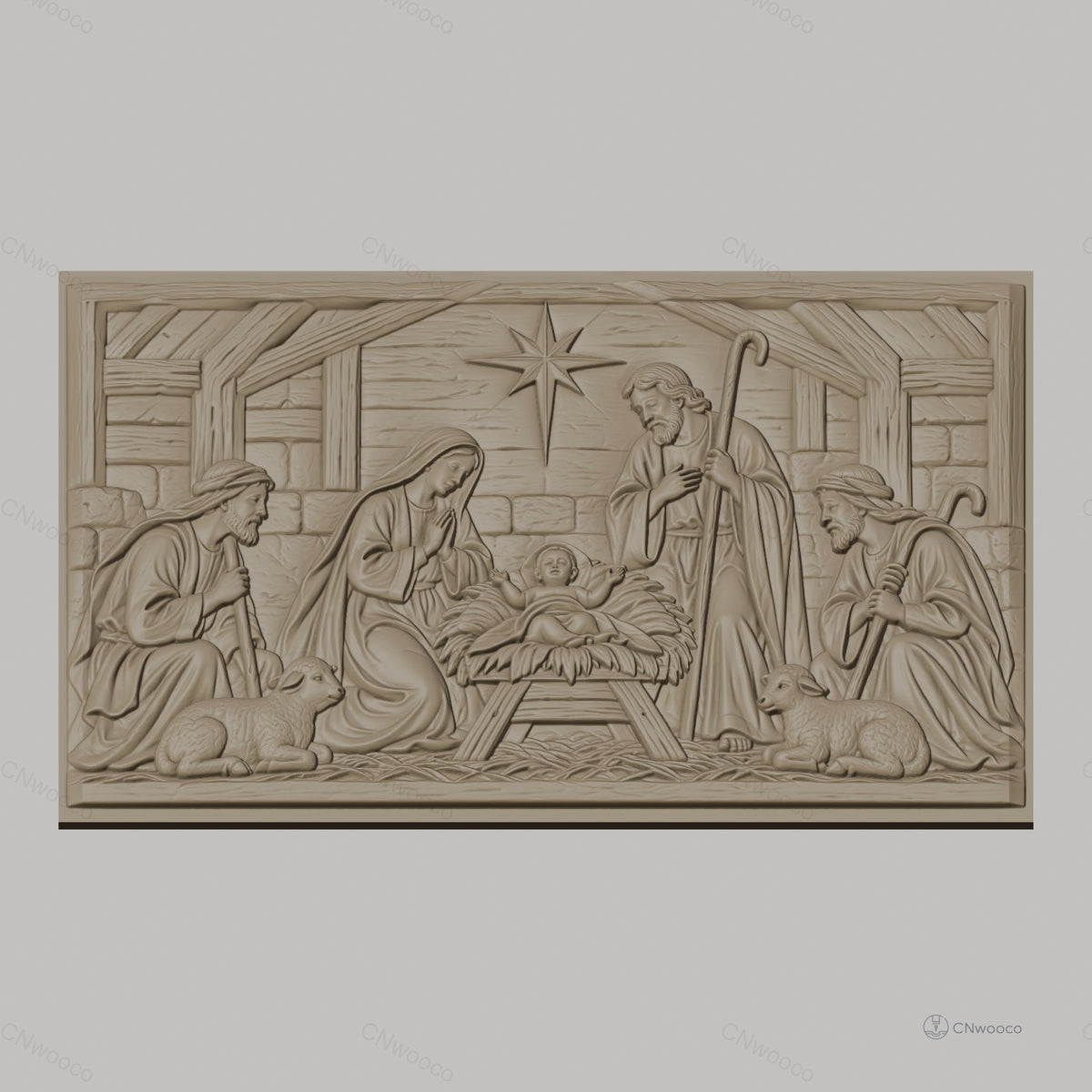 Fichier CNC & impression 3D scène de la crèche, Marie Joseph bébé Jésus étoile et moutons, haute qualité relief STL
