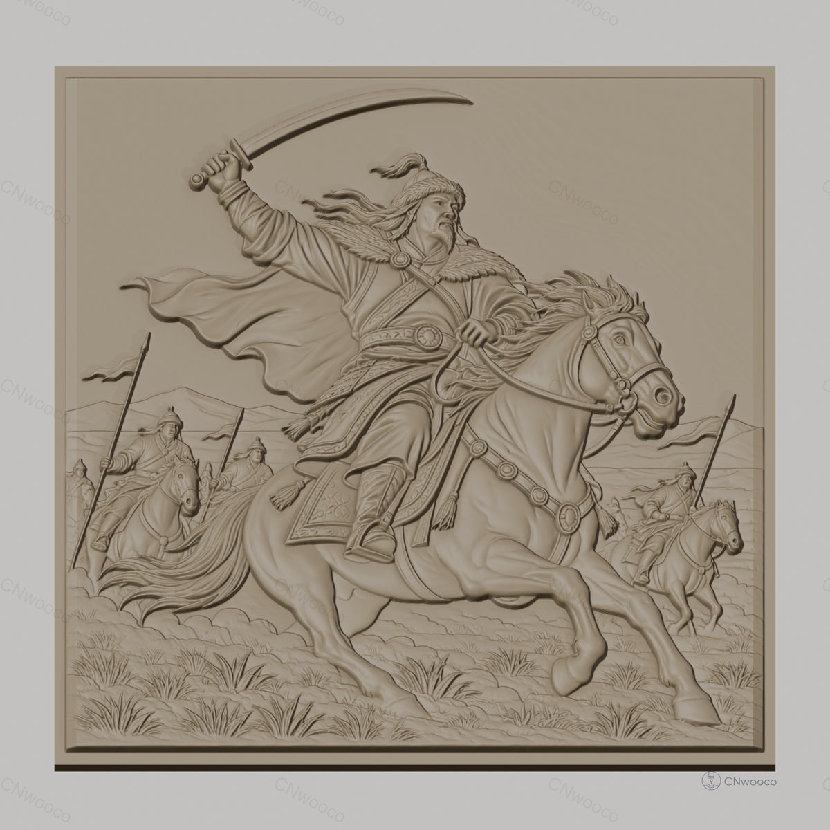 Fichier CNC & impression 3D cavalier guerrier à cheval, scène de bataille avec épée, haute qualité relief STL