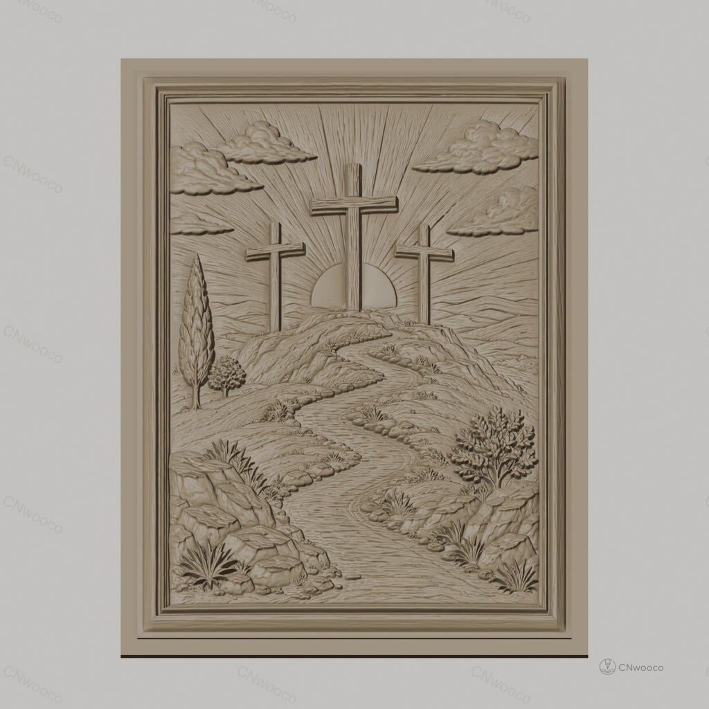 Fichier CNC & impression 3D scène chrétienne, croix sur colline avec rivière et arbres, haute qualité relief STL