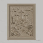 Fichier CNC & impression 3D scène chrétienne, croix sur colline avec rivière et arbres, haute qualité relief STL