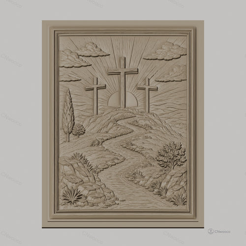 Fichier CNC & impression 3D scène chrétienne, croix sur colline avec rivière et arbres, haute qualité relief STL