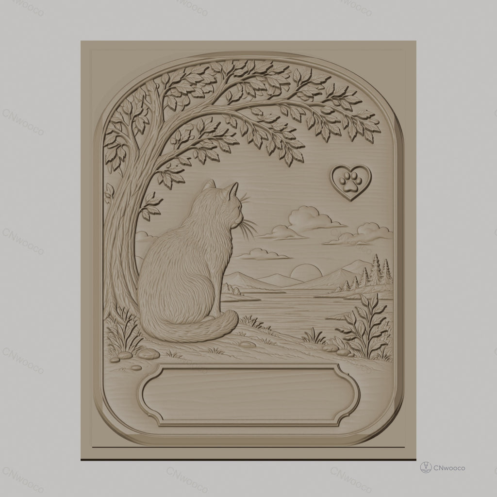 Fichier CNC & impression 3D chat contemplatif, paysage naturel, arbre et silhouette montagne, haute qualité relief STL
