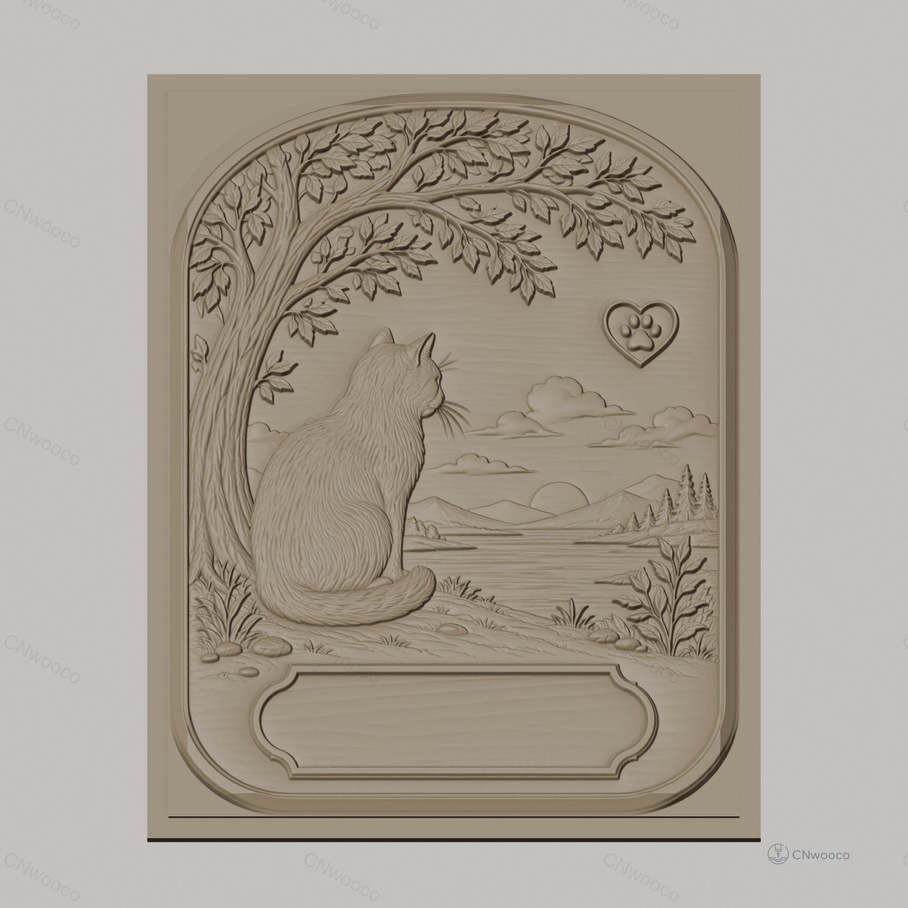 Fichier CNC & impression 3D chat contemplatif, paysage naturel, arbre et silhouette montagne, haute qualité relief STL