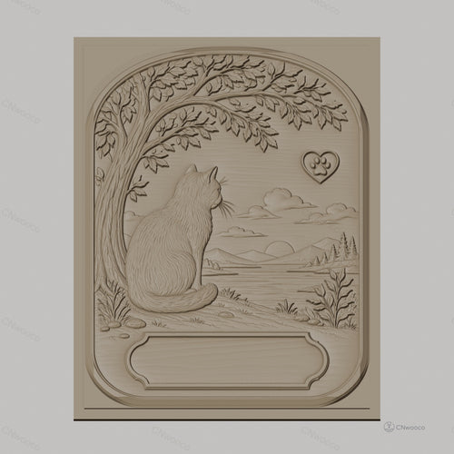 Fichier CNC & impression 3D chat contemplatif, paysage naturel, arbre et silhouette montagne, haute qualité relief STL