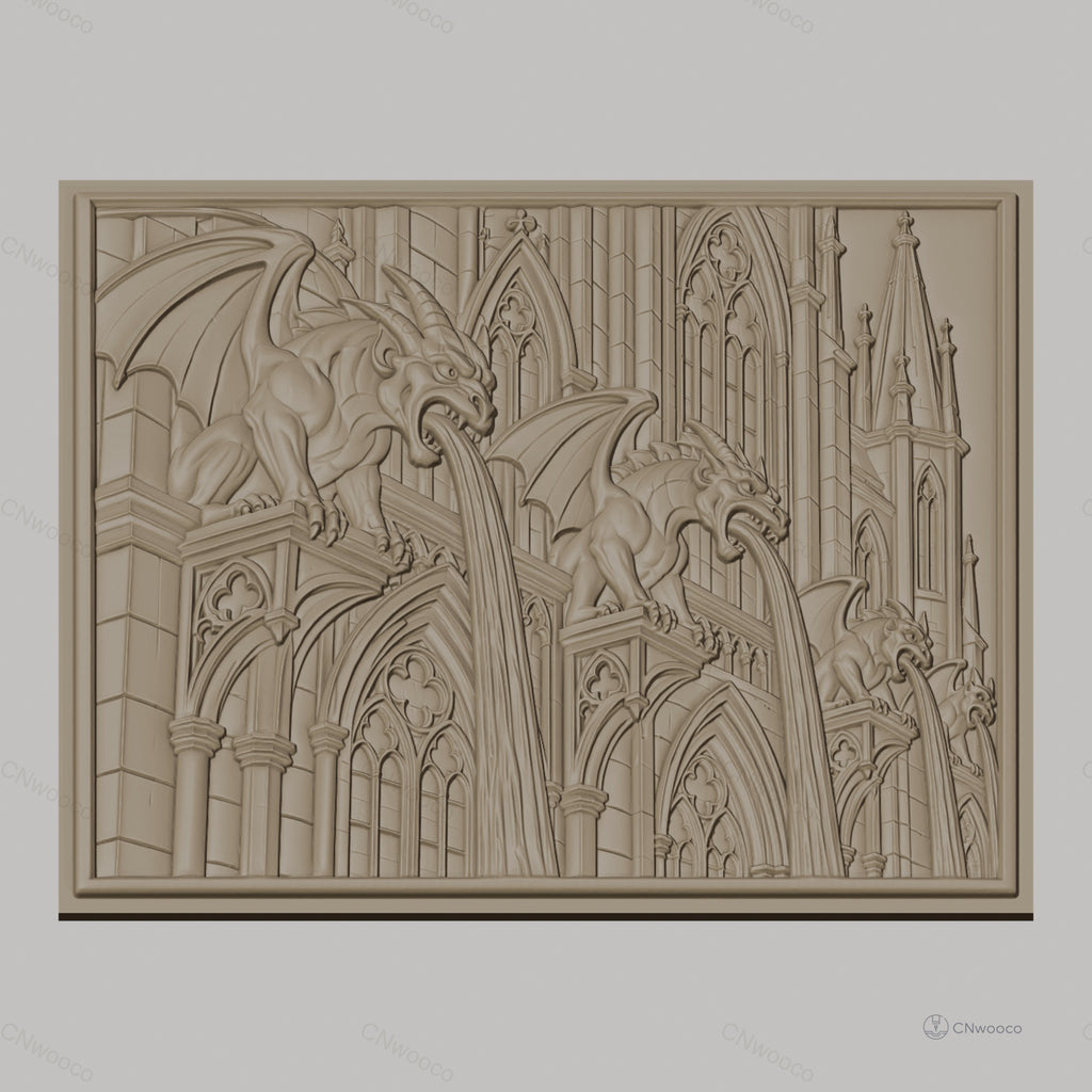 Fichier CNC & impression 3D gargouilles gothiques sur cathédrale, architecture médiévale, haute qualité relief STL