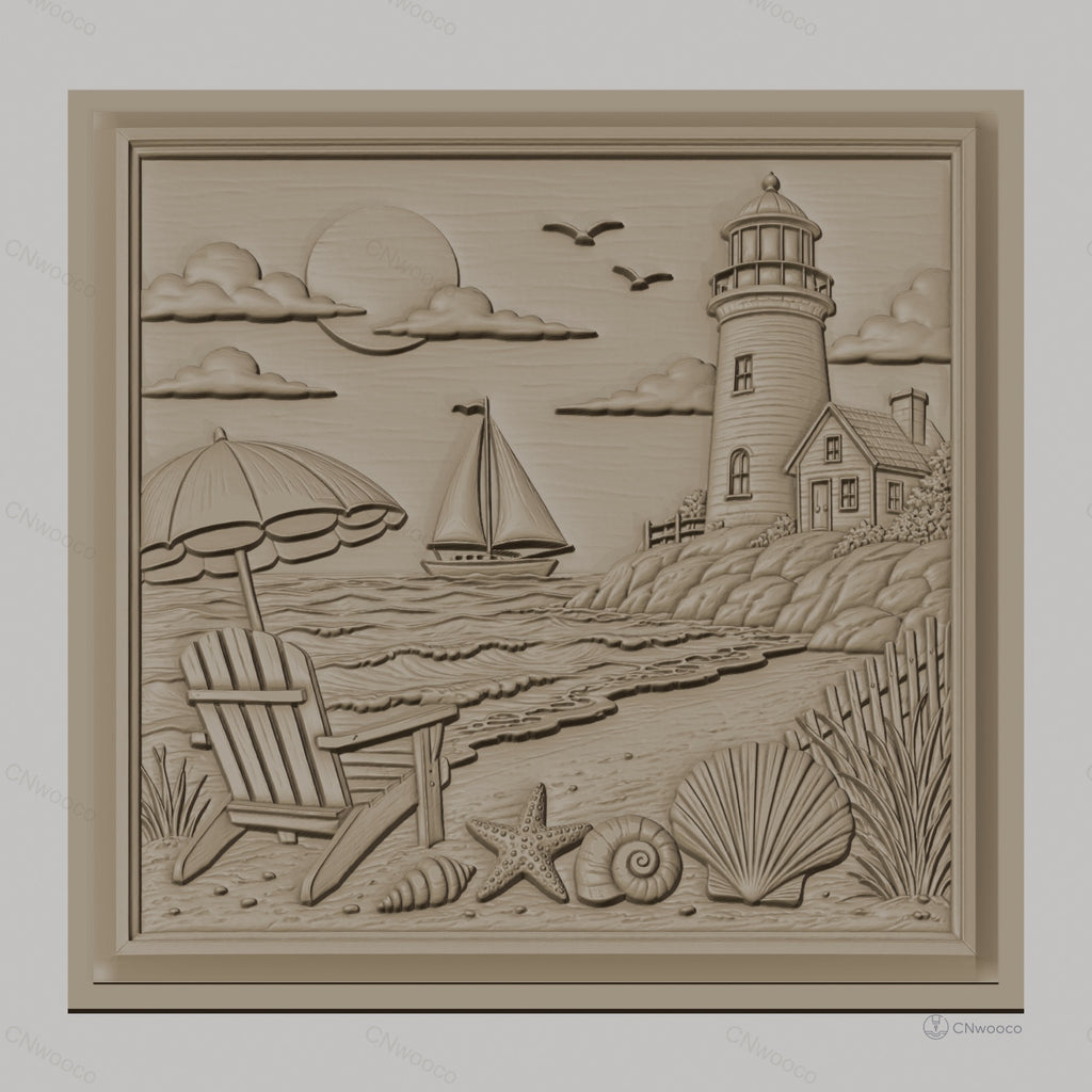 Fichier CNC & impression 3D scène de plage, phare voilier coquillages et chaise, haute qualité relief STL