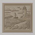 Fichier CNC & impression 3D scène de plage, phare voilier coquillages et chaise, haute qualité relief STL