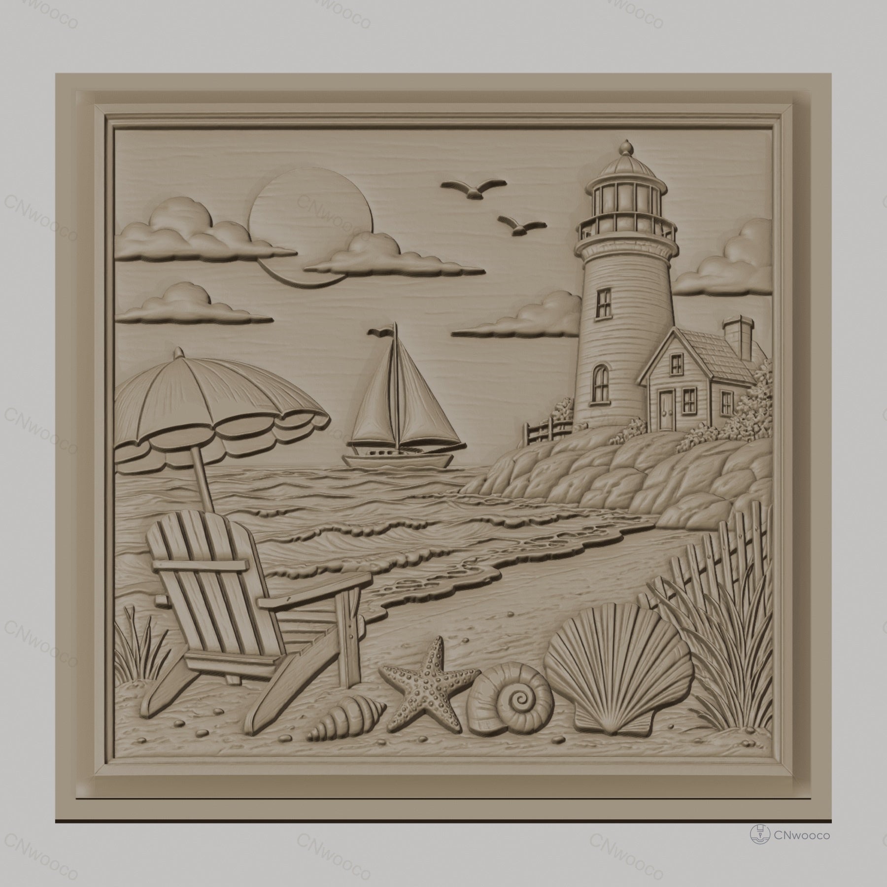 Fichier CNC & impression 3D scène de plage, phare voilier coquillages et chaise, haute qualité relief STL