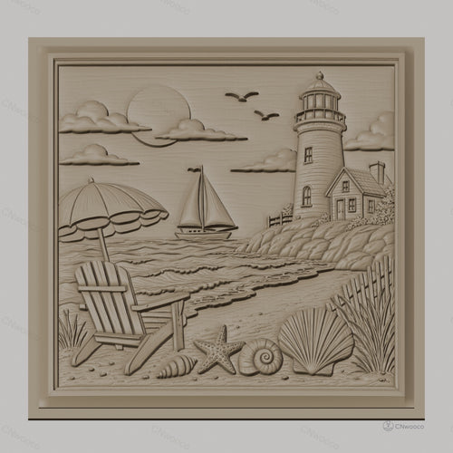 Fichier CNC & impression 3D scène de plage, phare voilier coquillages et chaise, haute qualité relief STL