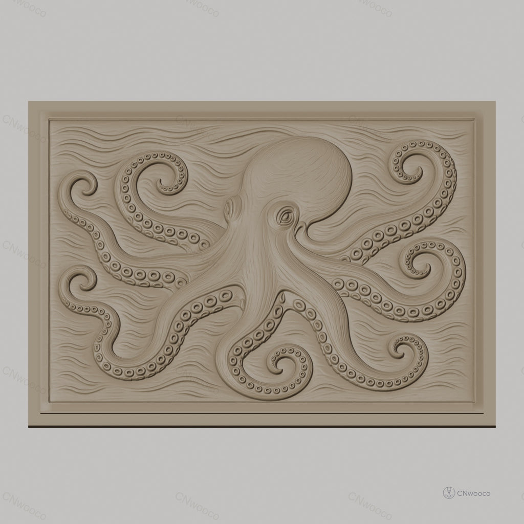Fichier CNC & impression 3D Poulpe, octopus relief et vagues, haute qualité relief STL