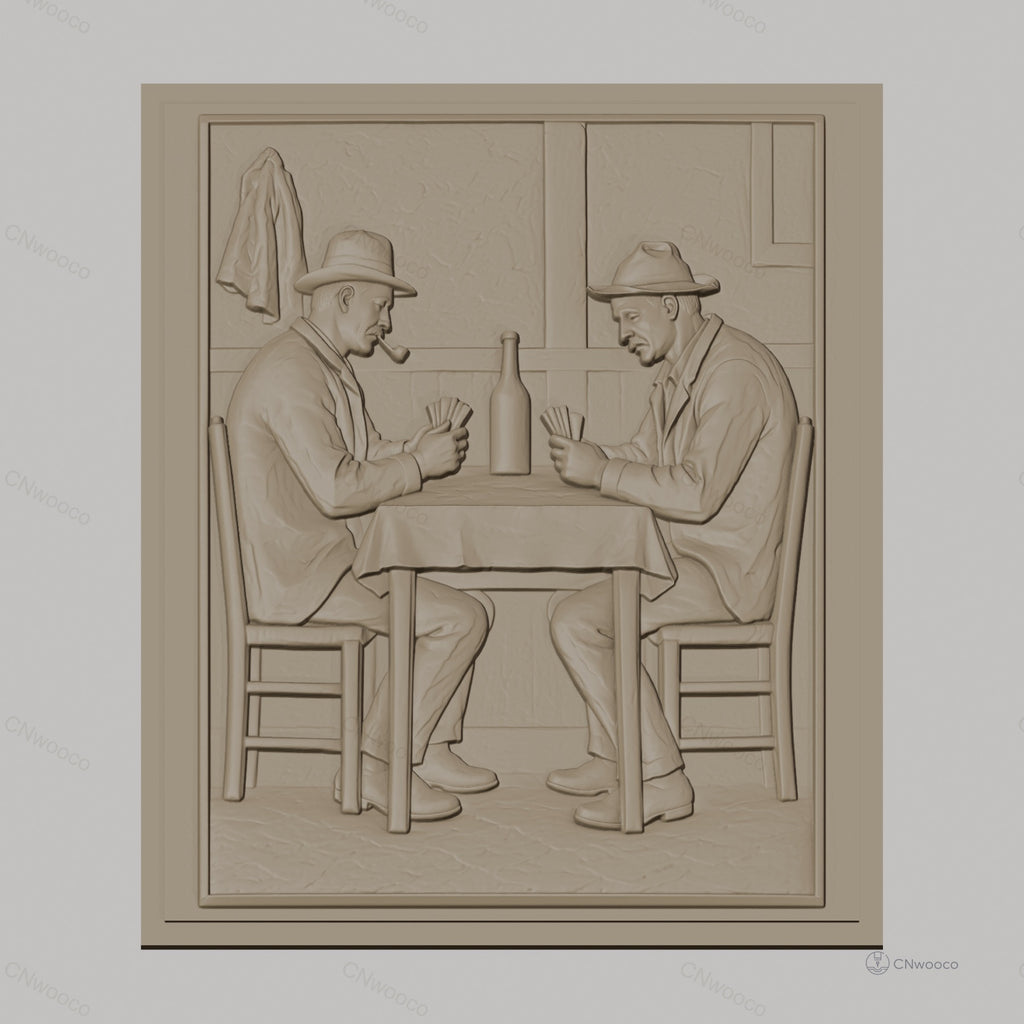 Fichier CNC & impression 3D joueurs de cartes au bistrot, table, chaises, bouteille, haute qualité relief STL