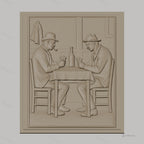Fichier CNC & impression 3D joueurs de cartes au bistrot, table, chaises, bouteille, haute qualité relief STL