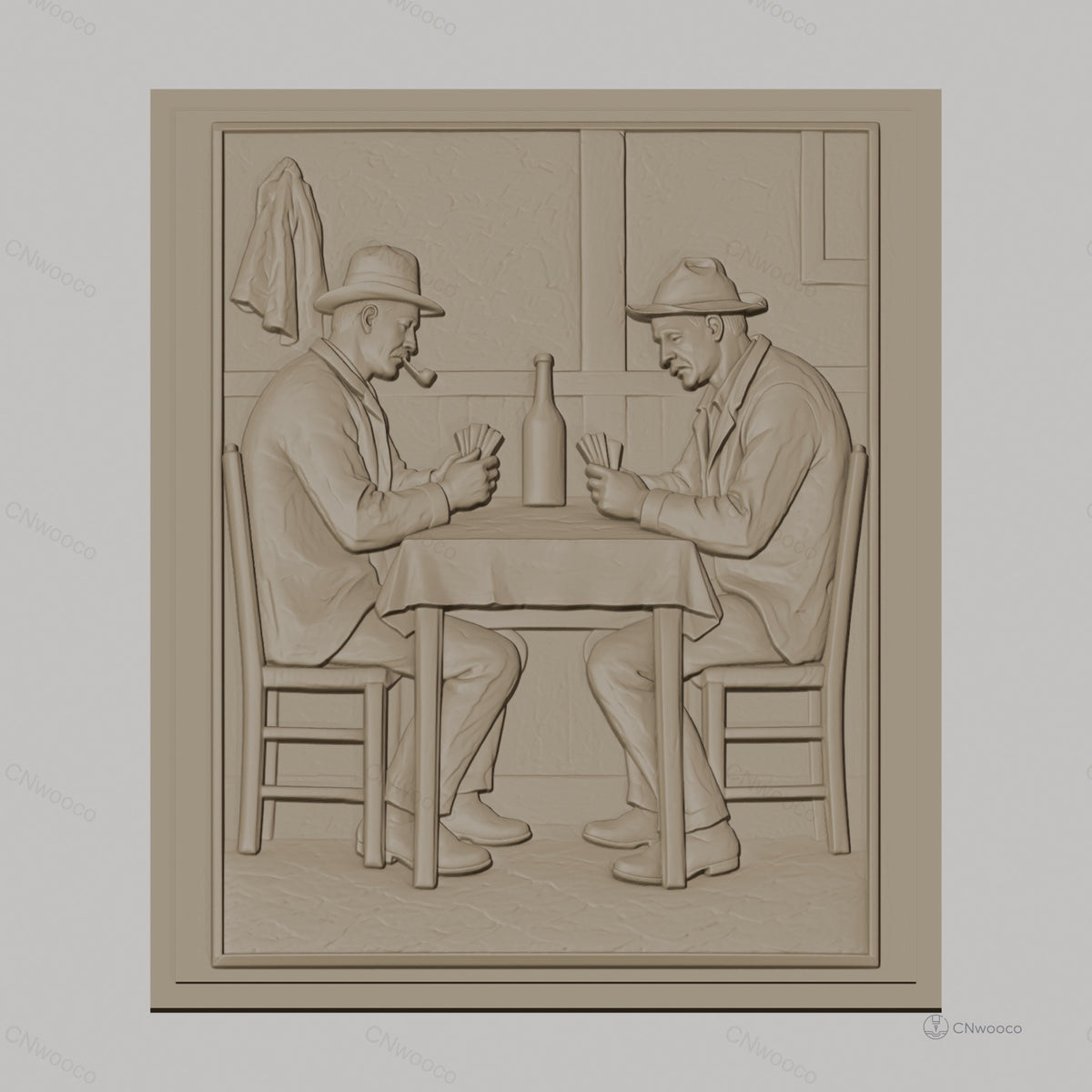 Fichier CNC & impression 3D joueurs de cartes au bistrot, table, chaises, bouteille, haute qualité relief STL