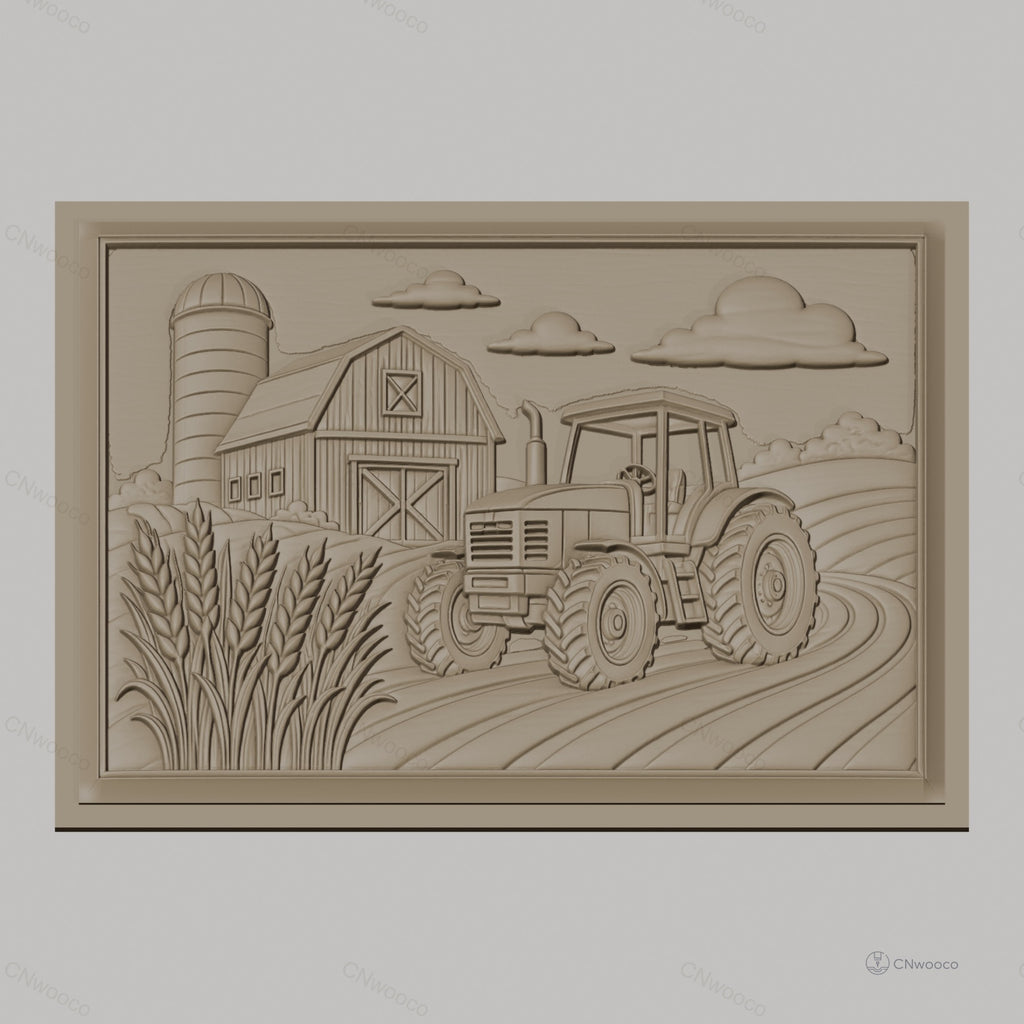 Fichier CNC & impression 3D ferme avec tracteur et silo, champ de blé, haute qualité relief STL
